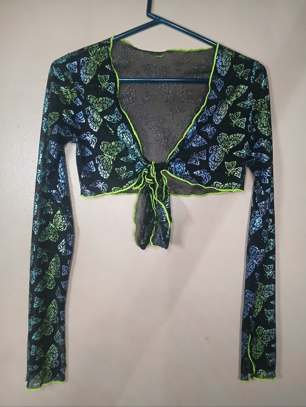 Y2k Sheer Tie-Front Butterfly Crop Top